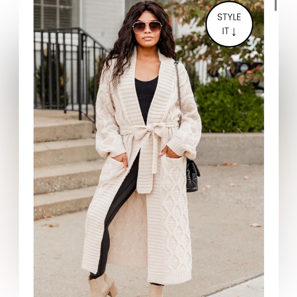 Pink Lily ALL ABOUT YOU BELTED BEIGE CABLE KNIT CARDIGAN
